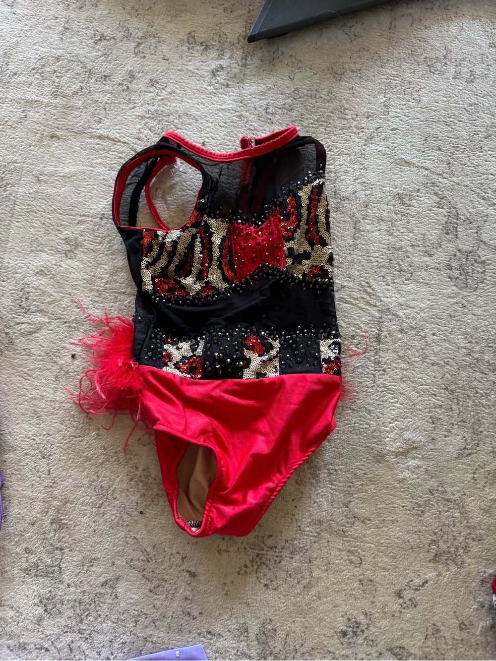 Glamour Red and Black Sequin Dance Leotard with Feather Accent - Jazz - CS
